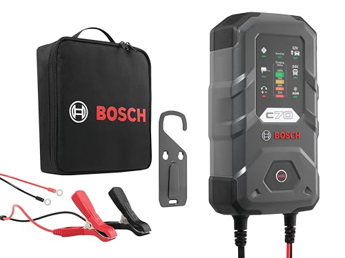 Bosch C70 Kfz-Batterieladegerät, 10 Ampere, mit Erhaltungsfunktion - für 12 V / 24 V Blei-Säure, EFB, GEL, AGM und offene VRLA-Batterien, Grau