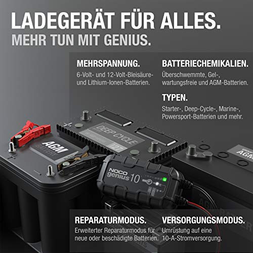 NOCO GENIUS10: 10A Intelligentes Batterieladegerät, 6V/12V Ladegerät, Erhaltungsladegerät und Desulfator mit Temperaturkompensation