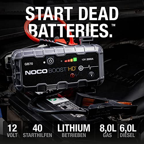 NOCO Boost HD GB70 2000A 12V UltraSafe Starthilfe Powerbank, Auto Batterie Booster, Tragbare USB Ladegerät, Starthilfekabel und Überbrückungskabel für bis zu 8,0L Benzin und 6,0L Dieselmotoren