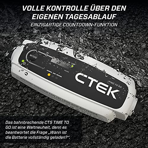 CTEK CT5 Time To Go, Batterieladegerät 12V, Batteriepfleger Mit Countdown-Funktion, Startanzeige, Eingebaute Temperaturkompensation, Entsulfatierungsprogramm, Rekonditionierungsmodus Und AGM-Option